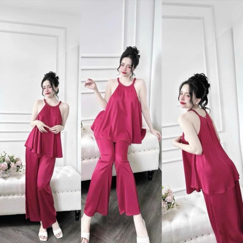 Bộ yếm cổ tròn thắt bín xinh,chất vải lụa latin tơ tằm,quần dài màu trơn(40-65kg)