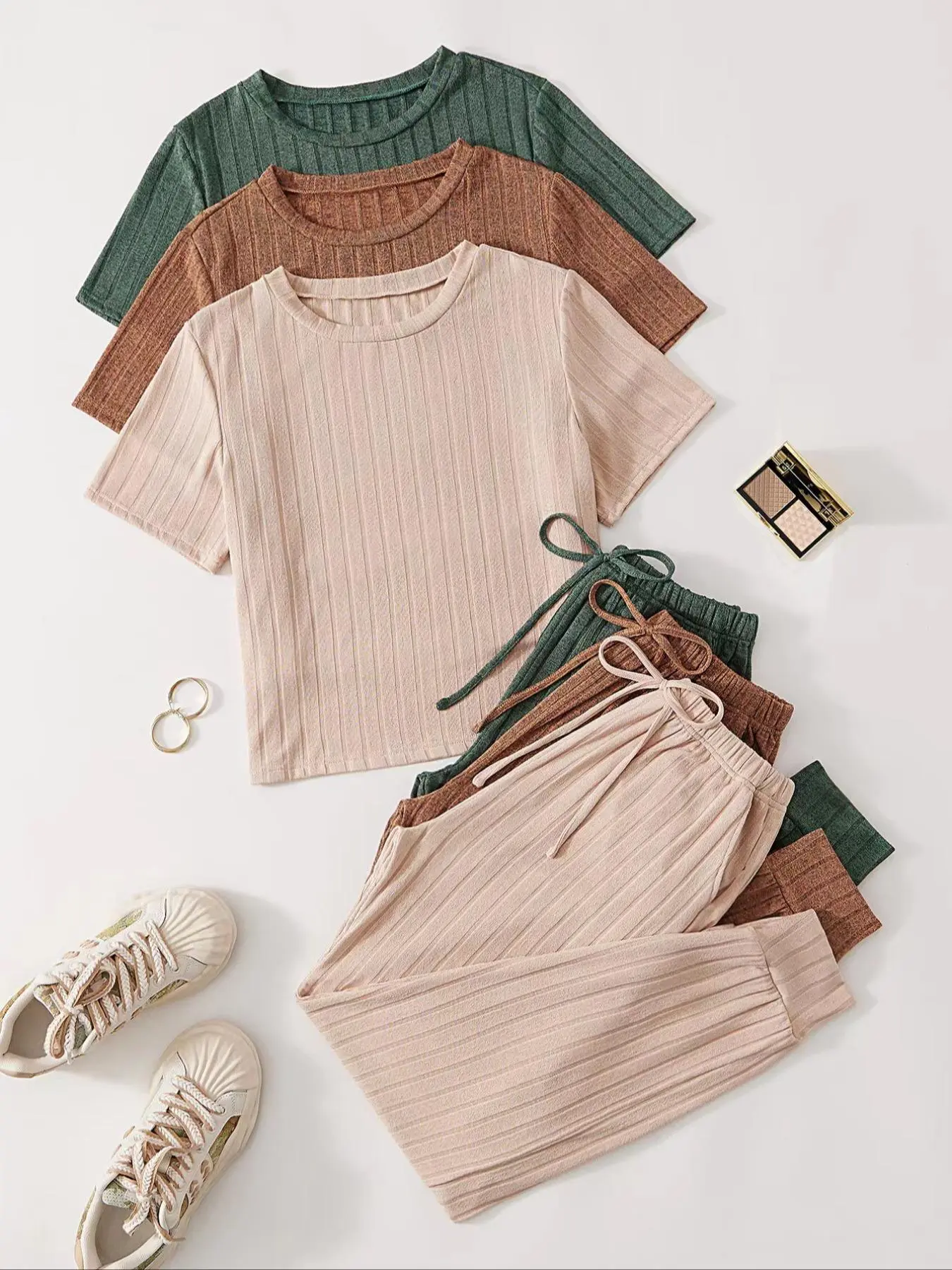 Women's Solid Drawstring Waist Pajama Set, Casual Short Sleeve T-shirt & Elastic Waist Pants Pj Set for Daily Wear, Ladies Pastel Sleepwear for Summer
