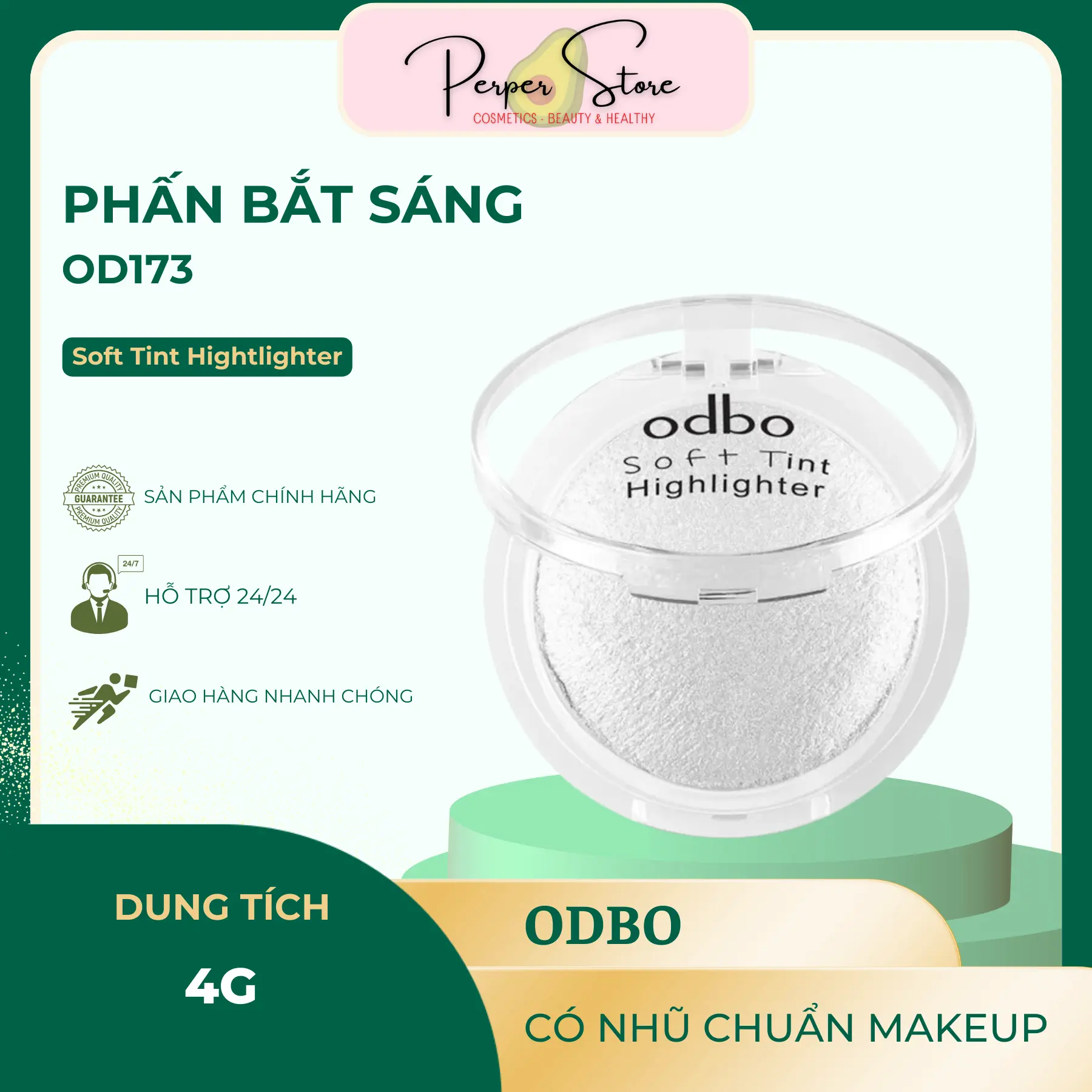 Phấn Bắt Sáng Odbo Soft Tint Hightlighter OD173 Có Nhũ Chuẩn Makeup 4g