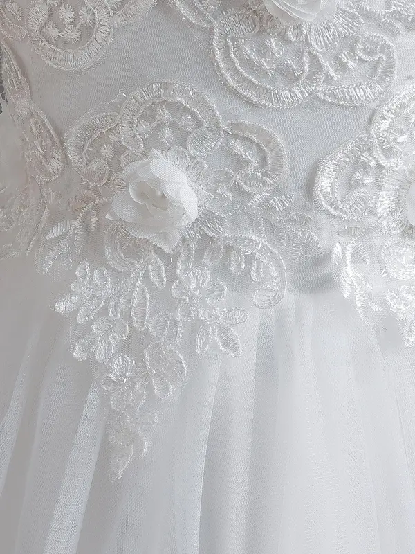 Girl's Contrast Lace Appliques Pearls High Low Hem Tulle Dress, Elegant Formal Sleeveless Zipper Back Fit & Flare Dress for Party Performance Wedding Guest, Kids Tutu Clothes for All Seasons, Tulle Overlay Dress 4