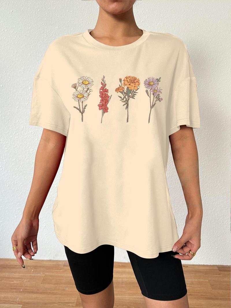 Product Introduction of Women's Floral Print Drop Shoulder Tee, Casual Half Sleeve Round Neck T-Shirt for Summer, Ladies Clothes for Daily Wear 8