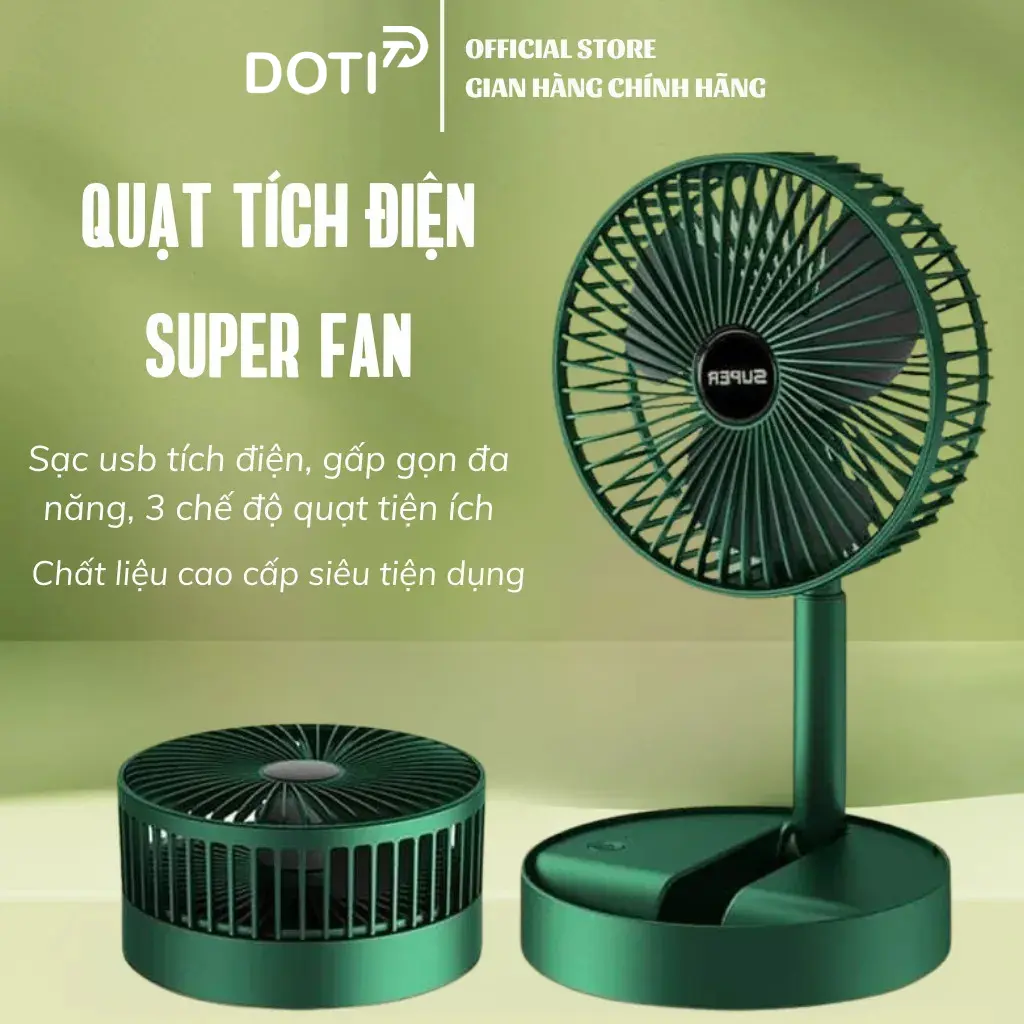 Quạt mini để bàn, Quạt tích điện Super Fan Gấp Gọn Có Thể Kéo Dài 3 Tốc Độ Gió Xoay 360 Cổng Sạc Usb Tiện Dụng