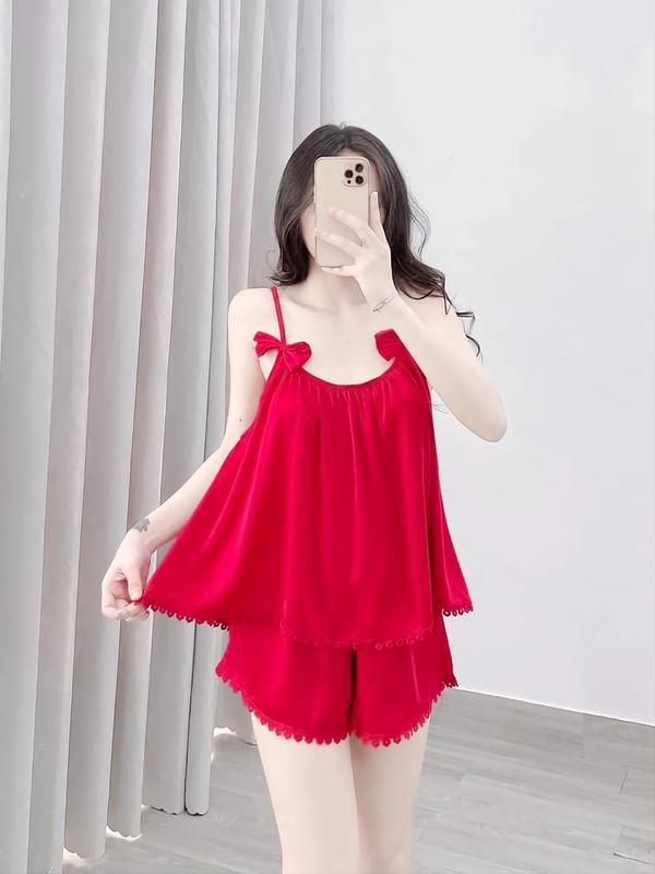 Đồ Ngủ Nư-Bộ Áo Ngủ Nữ Mặc Nhà 2 Dây Quần Đùi Chất Liệu Vải Satin Free size 40-55kg Đỏ Đen Xanh Women