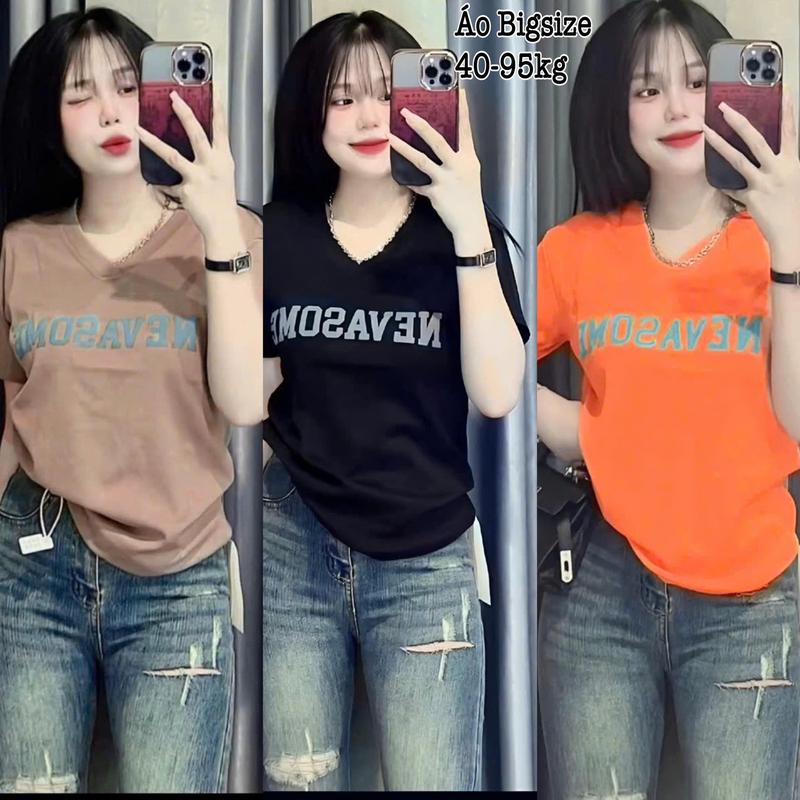  Áo Thun Nữ Bigsize Cổ Tim in Chữ Chất Gân Tăm Co Giãn Xinh Đẹp Dễ Thương Giá Rẻ Freesize 50-95kg Top Nữ Màu Đen Áo - 2402 