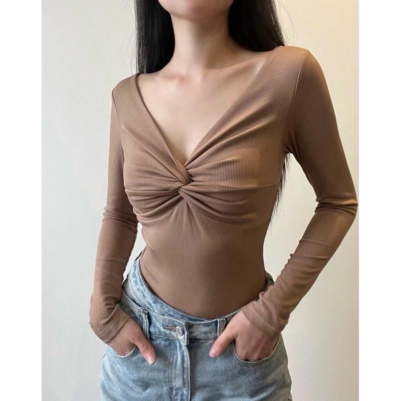 Áo thun nữ tay dài cổ tim xoắn ngực