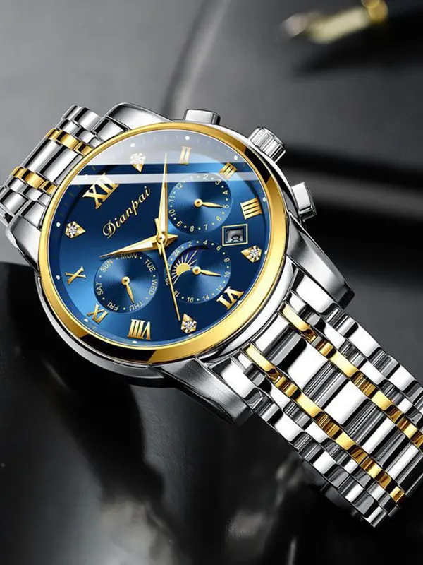 Men's Business Rhinestones Decorated Round Dial Calendar Mechanical Watch,  Waterproof Fashion Trendy Wristwatch, with Box 5