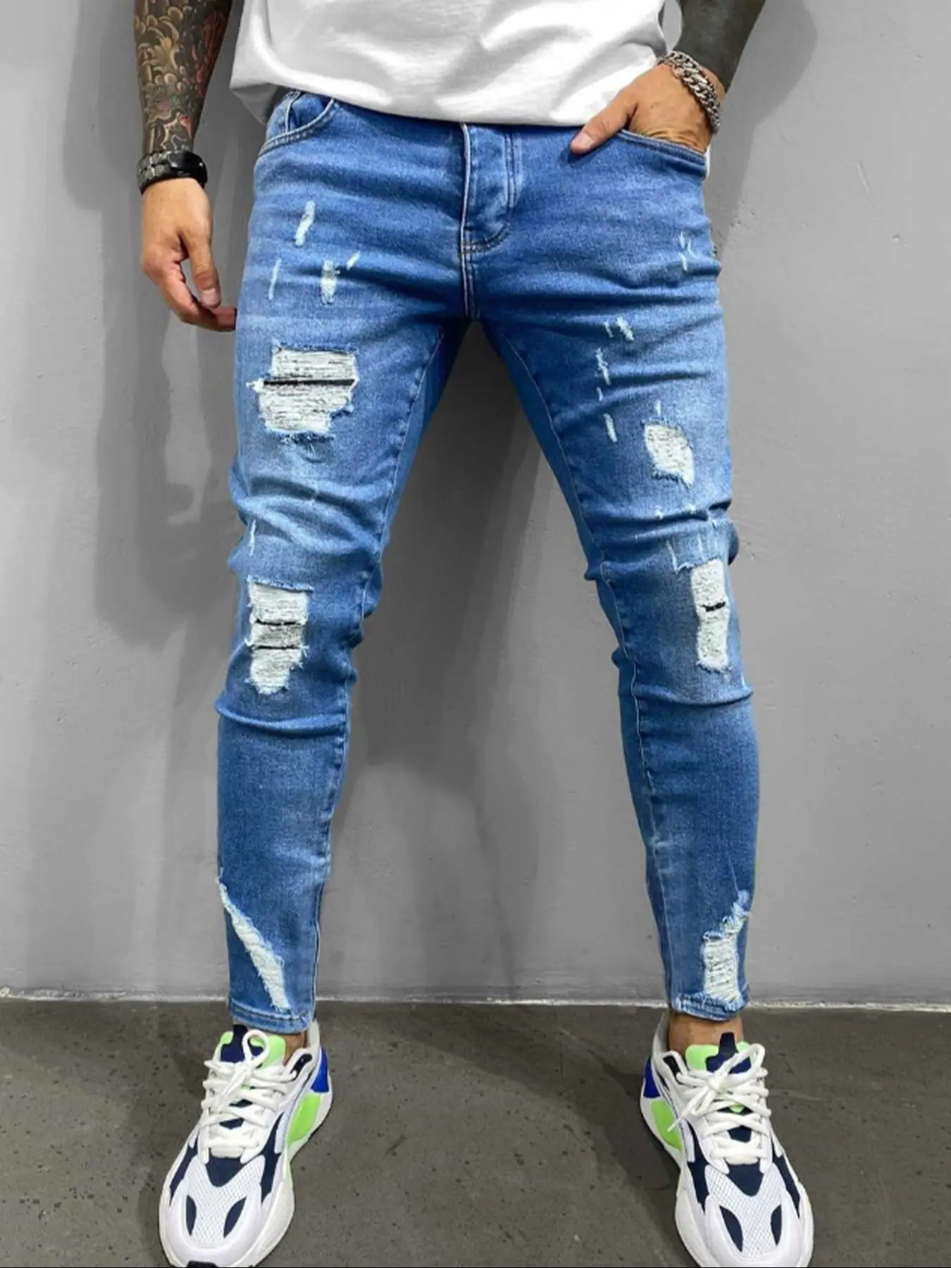 Men's Slim Blue Denim Jeans, Casual Comfy Ripped Jeans for Daily Wear, Fashion Men's Bottoms for All Seasons, Cotton, Menswear