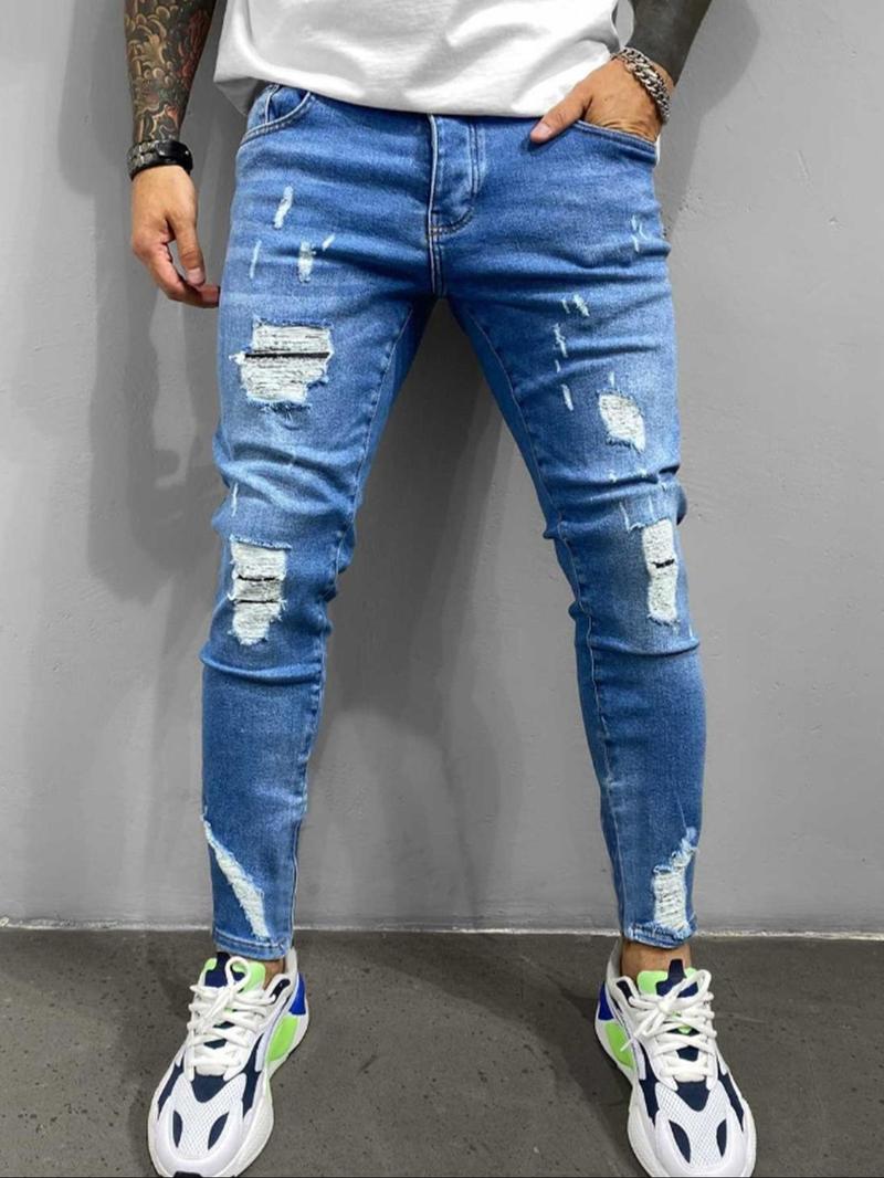 Product Introduction of Men's Slim Blue Denim Jeans, Casual Comfy Ripped Jeans for Daily Wear, Fashion Men's Bottoms for All Seasons, Cotton, Menswear 1