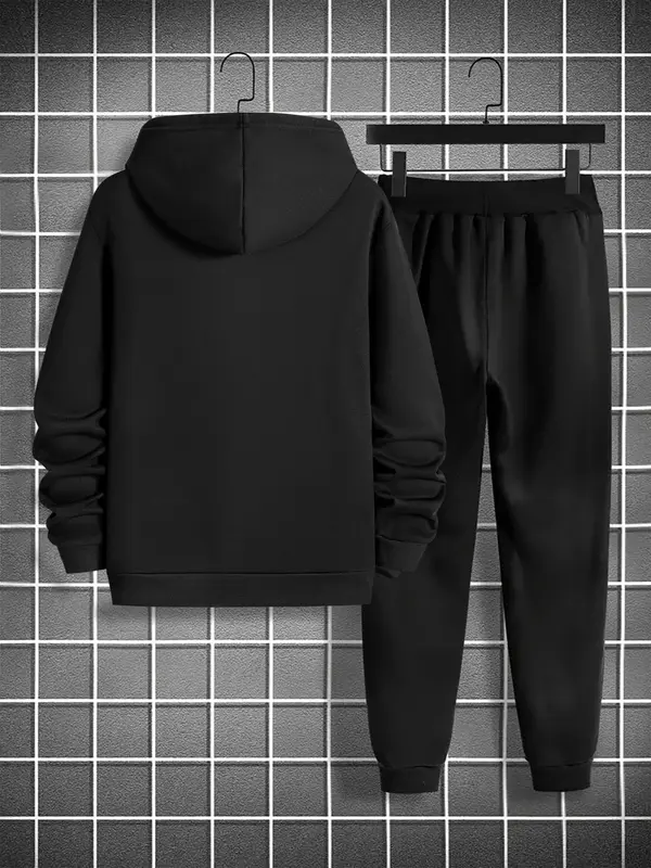 Men's Letter Print Hooded Sweatshirt & Drawstring Waist Sweatpants Two-piece Set, Casual Long Sleeve Hoodie & Pocket Jogger Pants for Fall & Winter, Men's Clothes for Daily Wear 1