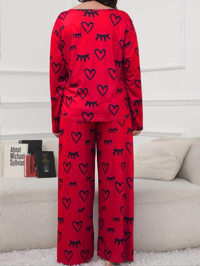 Product Introduction of 【Plus Size】Women's Heart Print Pyjama Set, Casual Comfort Round Neck Long Sleeve Tee & Elastic Waist Pants Set, Women's Sleepwear for Spring & Fall, Pajamas 19