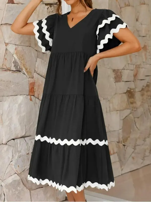【Plus Size】 Colorblock Print V Neck Dress, Elegant Layered Hem Flutter Sleeve Vneck A Line Dress for Summer, Women's Clothing for Daily Wear, Plus Size Dresses, Womenswear 2