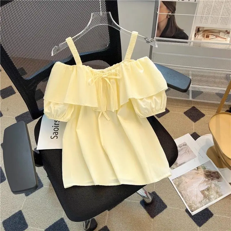 off-Shoulder Spaghetti Straps Shirt Women's Summer New Design Sense Bow Puff Sleeve off-the-Shoulder Western Style Niche Top Womenswear Blouse Lingerie Comfort Basic Minimalist Casual Fitted