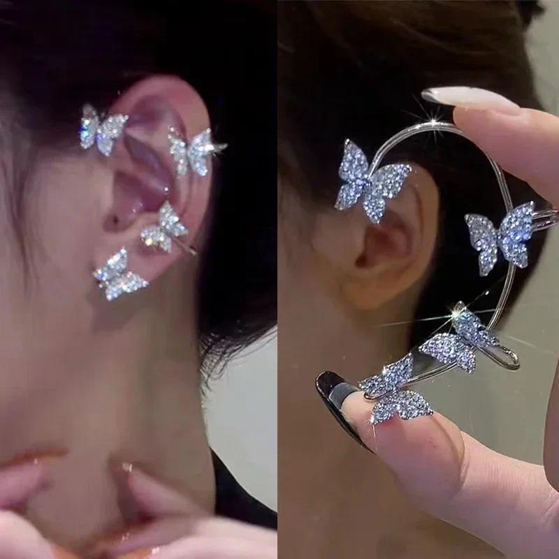 Bông Tai Kẹp, Màu Bạc Kim Loại, Kẹp Tai Hình Bướm, Dành Cho Nữ, Khuyên Tai Lấp Lánh Cuff Tai, Thích Hợp Cho Đám Cưới Và Thời Trang, Có Sẵn Trong 2 / 1 Miếng