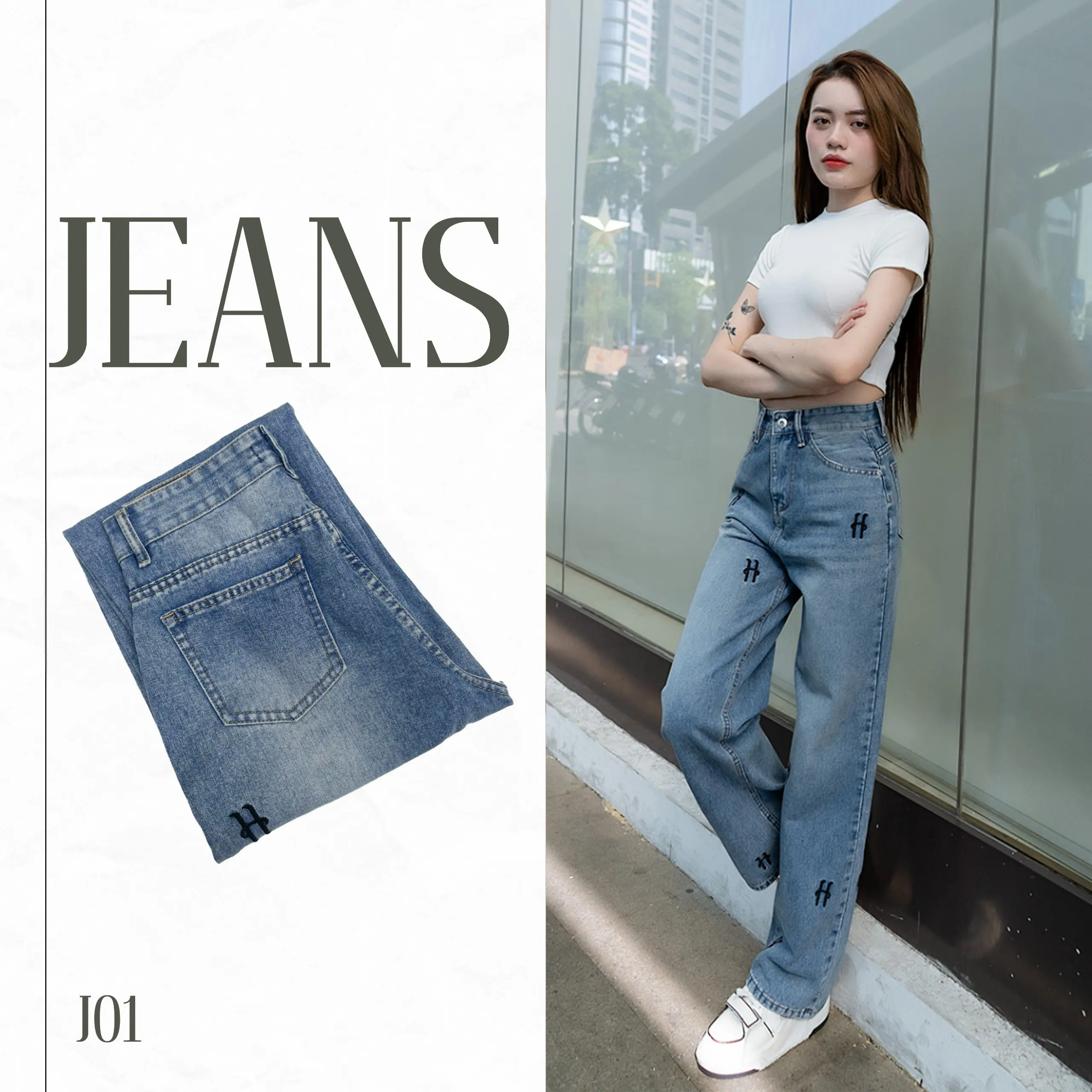 ( J - 01 ) MegaLive Quần Jean Thêu Chữ H Nhạt Dài 103 Cm đủ size ( S - XXL)  Nữ Pants Women Ong