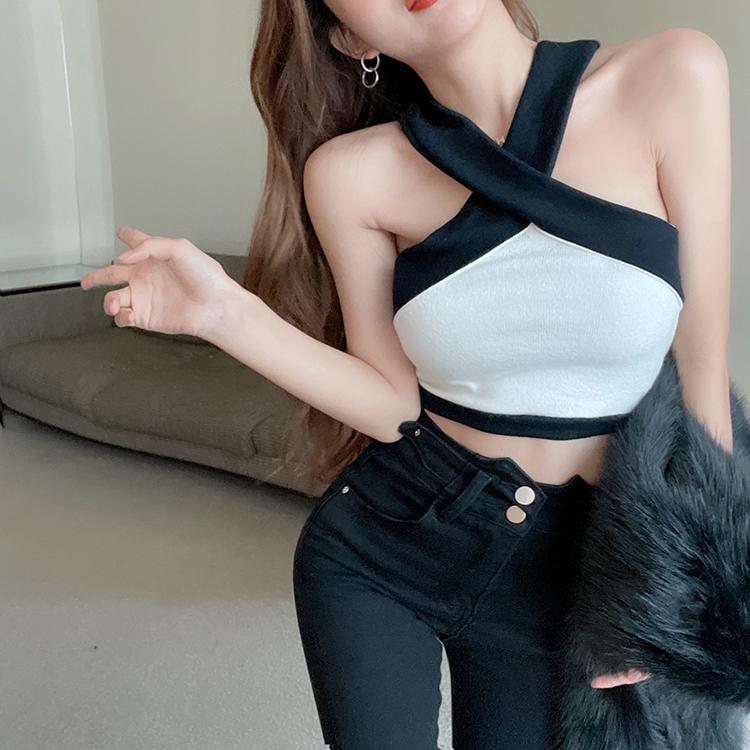 Product Introduction of Contrast color cross knitted vest high waist navel-baring short bottoming inner sling outer wear sleeveless hot girl pure desire top 7
