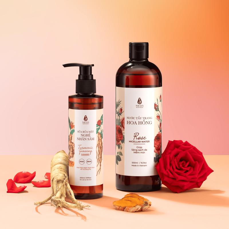 Combo Sữa Rửa Mặt Nghệ Nhân Sâm Mela 200ml Và Nước Tẩy Trang Hoa Hồng Mela 500ml Dịu Nhẹ Lành Tính, Giúp Làm Sạch Da, Loại Bỏ Bụi Bẩn, Góp Phần Ngăn Ngừa Mụn Trên Da - ML424