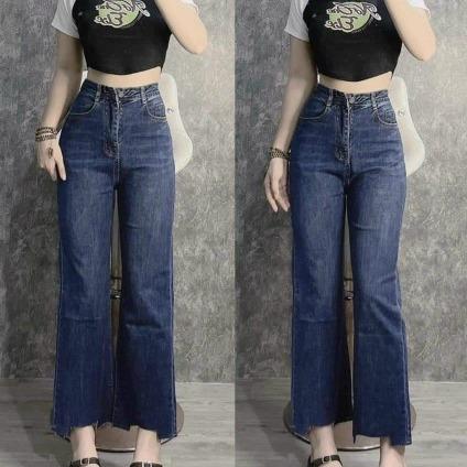 [Bigsize 58-95kg] Quần  Jean Nữ Ống Suông Bigsize Lưng Siêu Cao Co Giãn Xanh Đậm Rách Gấu Vuông Dài 104cm Pants Ong Women Pants Ong Denim Có Túi