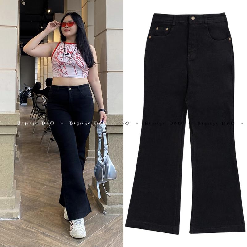Bigsize 57-90kg Quần Jean Nữ Ống Loe Đen Tuyền 1053 Lưng Siêu Cao Co Giãn Mạnh Dài 104cm Pants Demin Ong