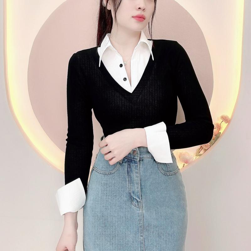  Áo sơ mi nữ thiết kế sơ mi cổ trắng phối thun hottrend thu đông kiểu dáng trẻ trung sang trọng sơ mi đi tiệc đi làm đi chơi LAMO- B1368 
