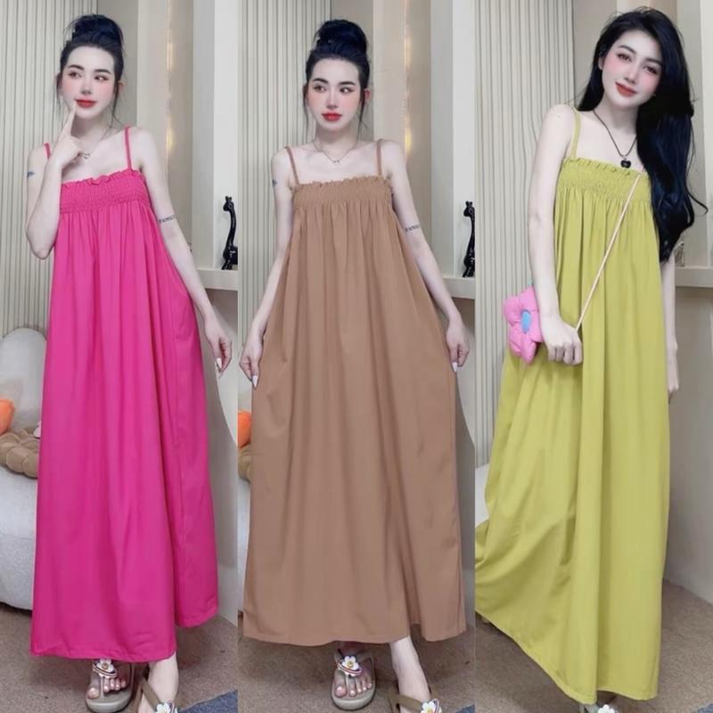Voan lua- Váy 2 dây tết bính chun nhún voan lụa dáng dài đầm maxi suông freesize