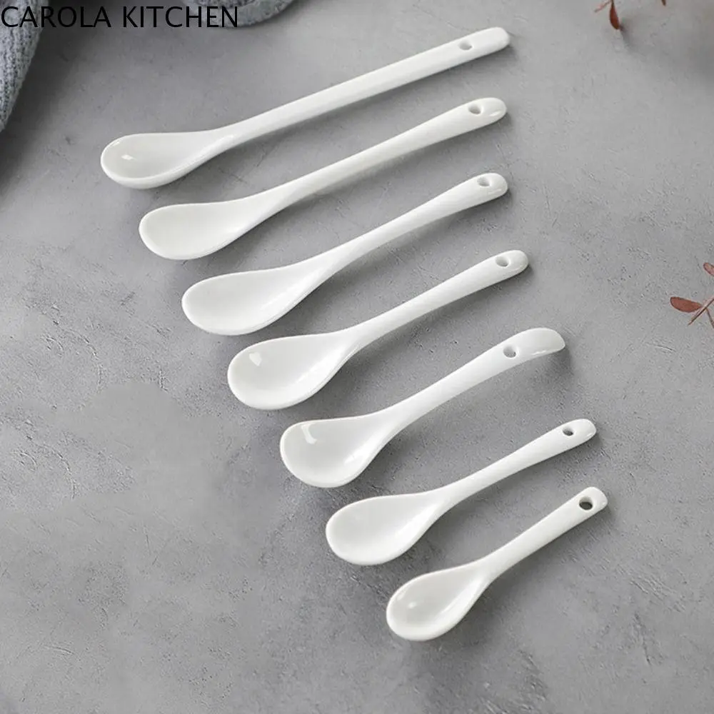 CAROLA KITCHEN Tableware Ceramic Long Handle Spoons White Mini Coffee Spoon Creative Stirring Spoon Ice Cream