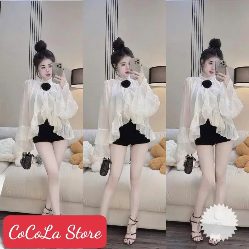 Áo tơ bèo nhún babydoll tiểu thư sang chảnh tay loe cổ bèo gắn hoa kèm quần poly cho nữ - Top