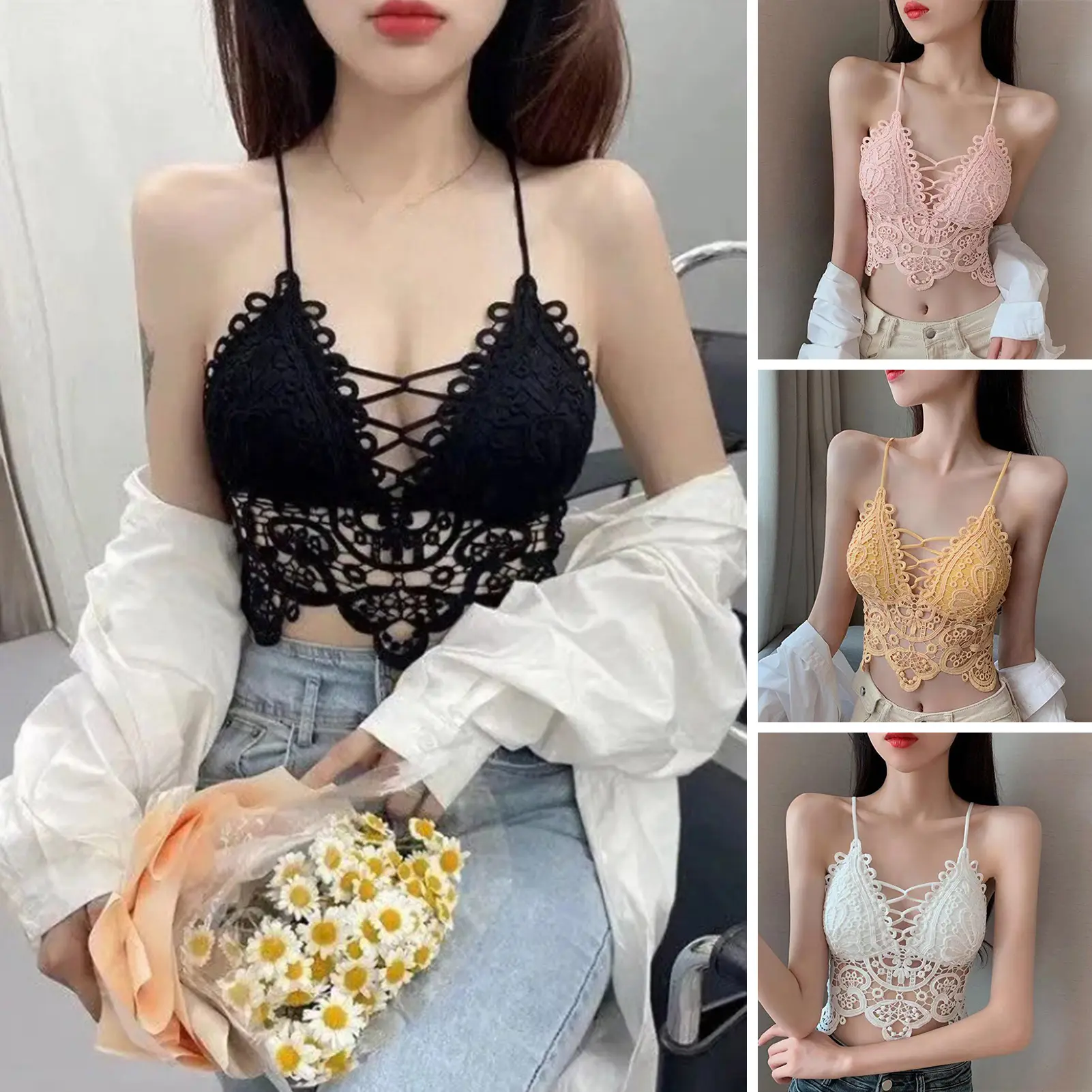 Áo Ngực Ren Gợi Cảm Cho Nữ, Áo Rỗng Thoải Mái, Đồ Lót Nylon Thoáng Khí, Áo Crop Top, Áo Vest Nữ, Cung Cấp