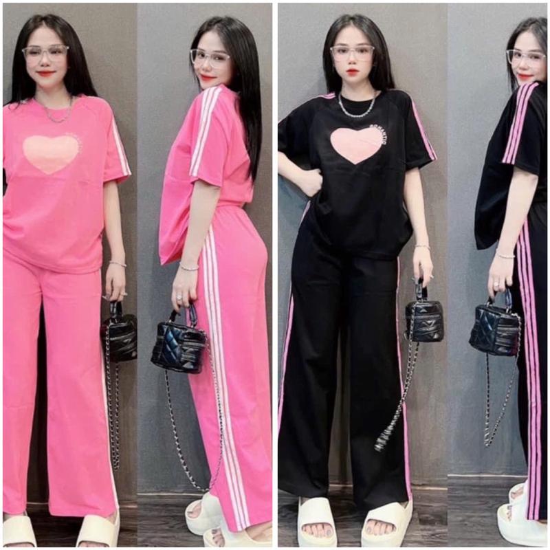 Bộ áo phông quần dài thể thao chất cotton su phom rộng in hình trái tim Thun Sport - Nữ - Size 40-75kg 1