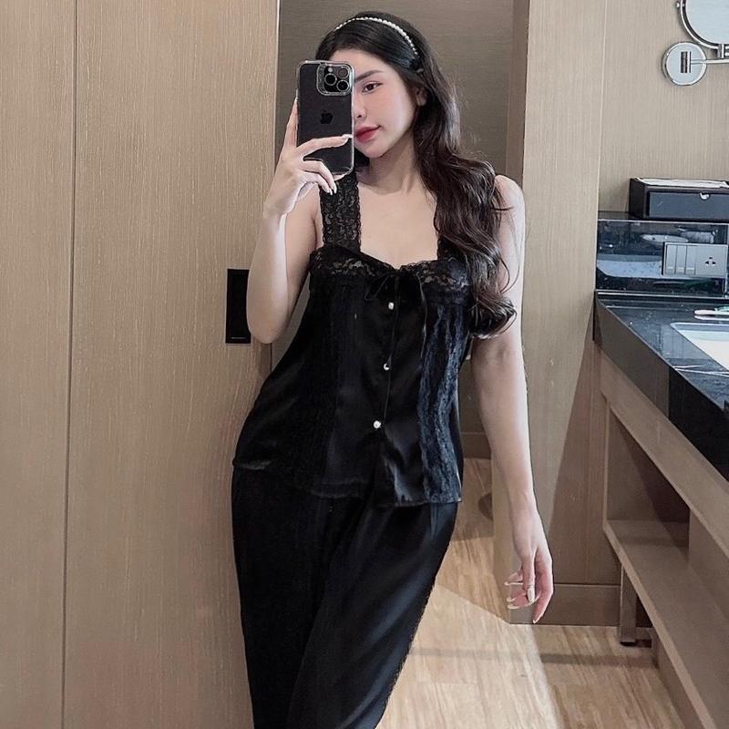 Bộ Đồ Ngủ Nữ Quần Dài Áo 2 Dây Ren Bảng To Chất Lụa Latin Mềm mịn Freesize 40-60kg