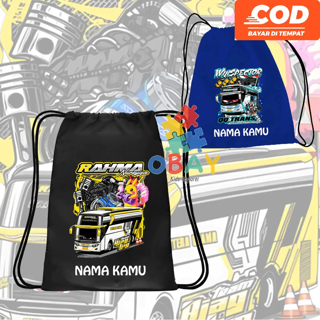 Tas Serut Anak Bismainai Gambar Mobil Bis , Cocok untuk Sekolah, Ngaji ,Kado, & Souvenir