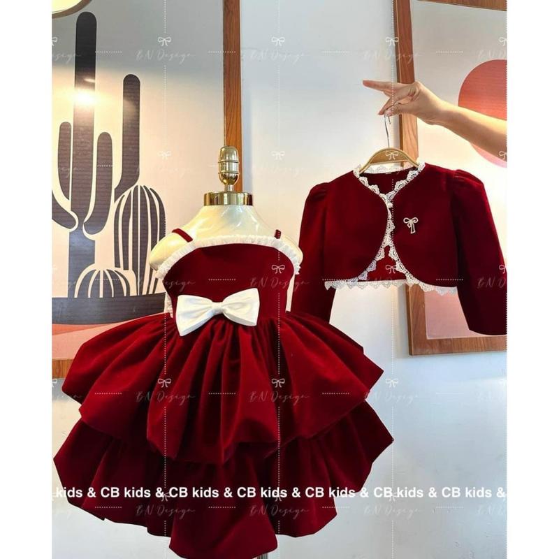   Tặng tang Nơ   Set  váy tầng và áo khoác  Nhung  đỏ Cao  Cấp đi chơi Noel  chơi Tết   cho  bé Gái  8-20kg 