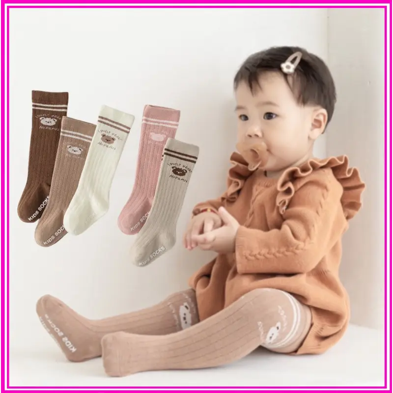 Tất dài qua gối cho bé có chống trượt TAT09, vớ cotton mềm dài qua gối hình gấu phong cách Hàn Quốc cho bé từ 0-3 tuổi