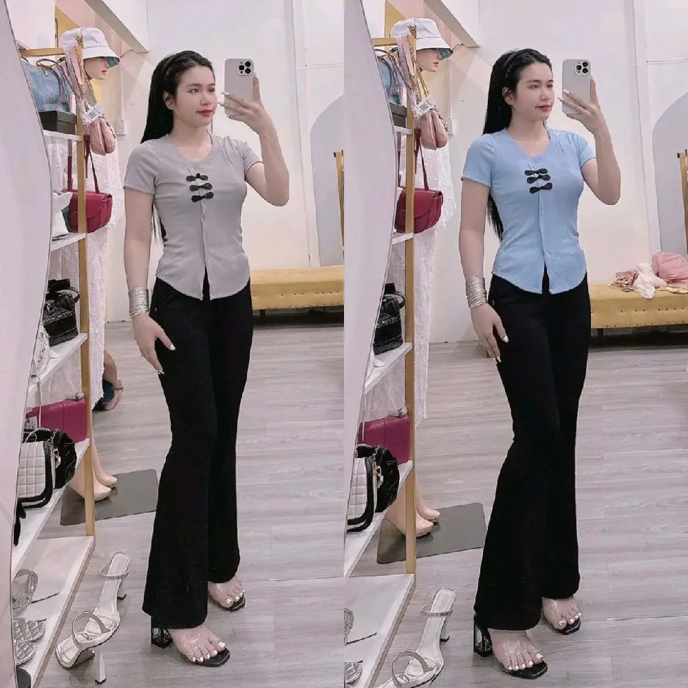 N144 Đồ bộ nữ ÁO XẺ TÀ KIỂU PHỐI NƠ DÀI QUẦN ỐNG LOE ĐEN gân tâm lạnh dưới 65kg đỗ lại vừa