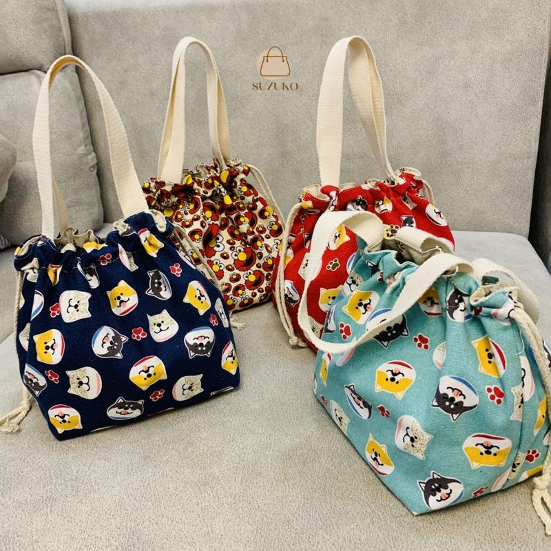 Túi mang cơm, túi đựng cơm dây rút vải Canvas đựng hộp cơm văn phòng 2 lớp giữ nhiệt mini cầm tay BENTO BAGS TDR02 Nhung
