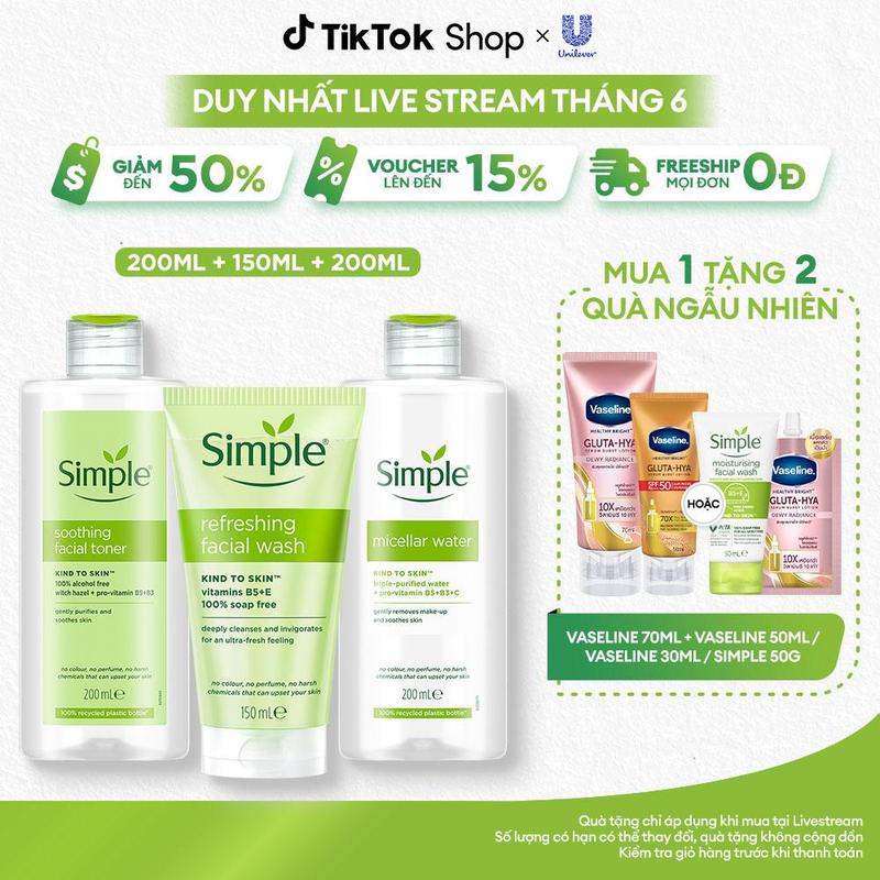 4 Combo 3 Skincare Simple Nước Tẩy Trang 200ml Sạch Sâu Ẩm Mịn + Sữa Rửa Mặt Lành Tính Sạch Thoáng 150ml + Nước Hoa Hồng Làm Dịu & Cân Bằng Da 200ml - Dành Cho Da Nhạy Cảm