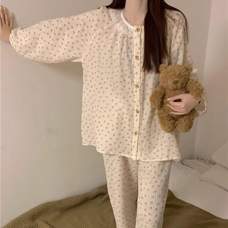Bộ Đồ Ngủ Nữ, Phong Cách Hàn Quốc, Cỡ Nhỏ Thiết Kế Hoa, Đường Viền Cổ Áo Hoa, Áo Dài Tay Và Quần, Đồ Mặc Nhà Thường Ngày Mẫu Mới Cho Mùa Xuân, Mùa Thu Và Mùa Đông 4