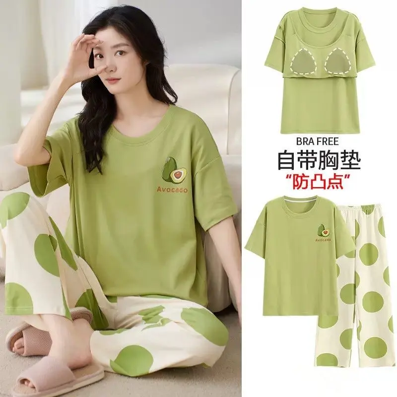 Bộ Đồ Ngủ Mùa Hè Cho Nữ, Quần Dài Ngắn Tay, Có Đệm Ngực, Bộ Đồ Mỏng, Thích Hợp Mặc Nhà, Hàng Mới Về, 2024