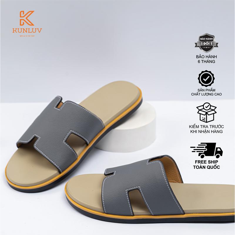 Dép Nam Kunluv Cao Cấp Quai Da Microfiber Chữ H, Hàng QC Full Box MS35 0