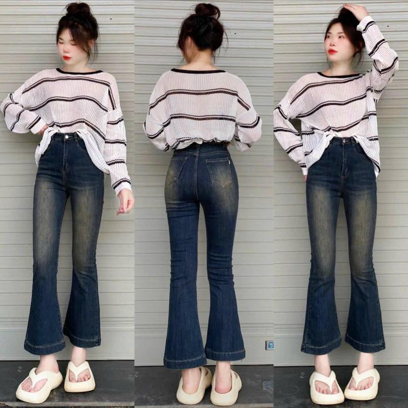 Quần bò jeans nữ dãn ống loe may gấu 9 tấc , loe may gấu, jeans co dãn 4 chiều màu xanh đen dành cho các cô nàng nấm lùn Women Pants quần  ống rách