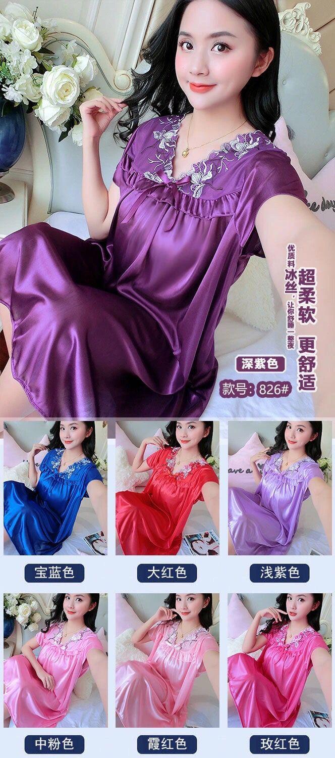 Product Introduction of Đồ Ngủ Nữ Mùa Hè, Ngoại Cỡ, Vải Lụa Lạnh Váy Ngủ, Thích Hợp Cho Cô Gái Đầy Đặn, Gợi Cảm Và Rộng Rãi, Váy Ngủ Ngắn Tay, Áo Mặc Bên Ngoài Tích Hợp, Đồ Mặc Nhà 3