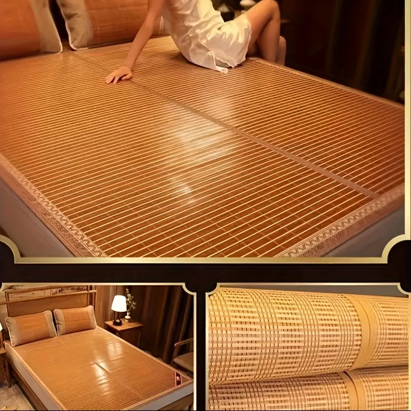 Bamboo Fiber Cooling Mat, 100% Single Portable Foldable Summer Bed Sheet, Striped Wood Color, Dry Clean Only - Single Pack