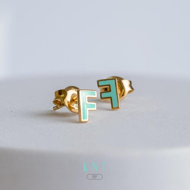 Hoa tai vàng  10k “Sea LA Vie” Chữ F tráng men đính đá cao cấp CZ kèm chốt vàng 10k - Hoa tai nữ [Kim Ngọc Thủy] 1