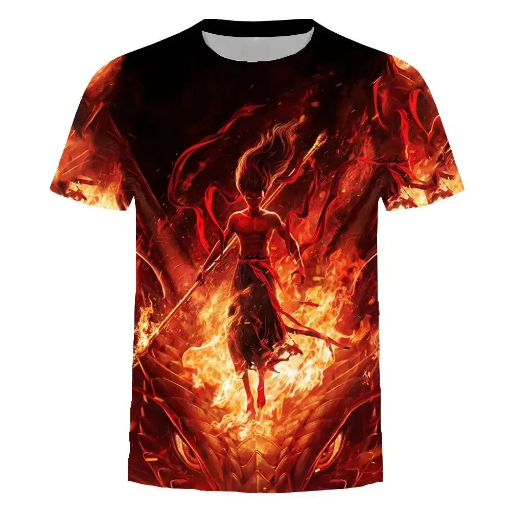 Mythical movie Nezha pattern latest summer 3D printed men's T-shirt trend street short sleeved