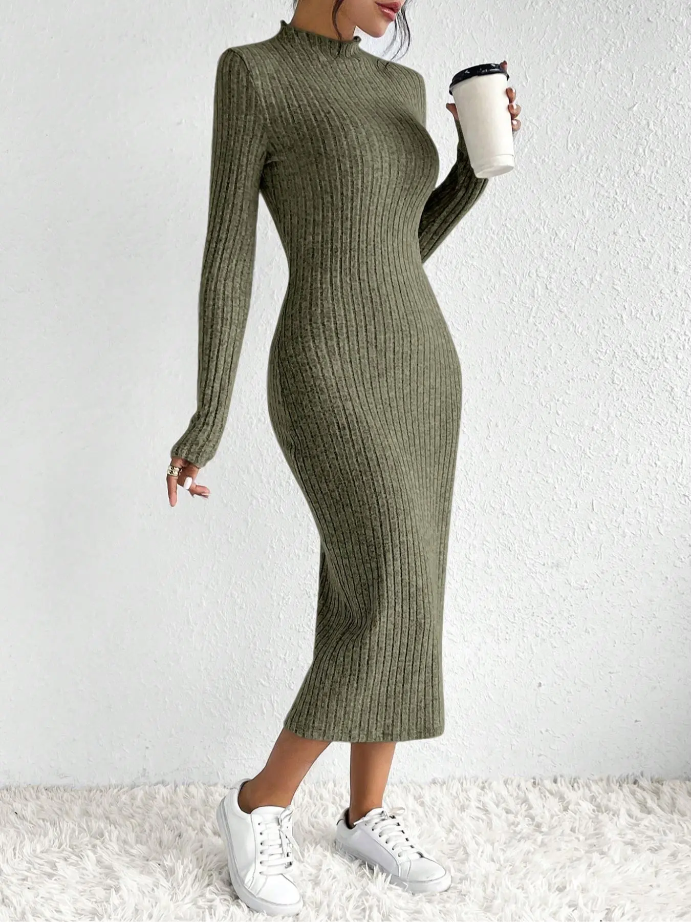 Women's Solid Mock Neck Long Sleeve Dress, Elegant Fashion Casual Ribbed Dress for Daily Outdoor Wear, Ladies Clothes for All Seasons