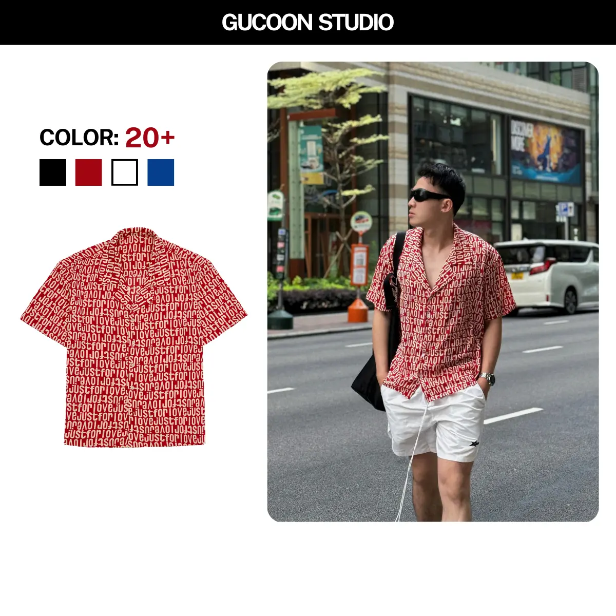 Áo Sơ Mi Nam Cuban Shirt Gucoon Vải Lụa Không Nhăn, Áo Sơ Mi Đi Biển Tay Ngắn Bigsize Đỏ Menswear Cổ Tròn