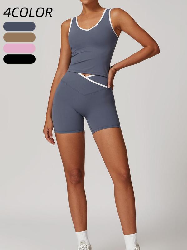 Two-piece Set Women's Solid Color Contrast Trim Sportswear Set, High Stretch Sporty Comfortable Breathable Backless Tank Top & High Waist V-shaped Waist Skinny Shorts for Yoga Gym Workout Running, Ladies Summer Sportswear,  Co-ord Sets for Women 0