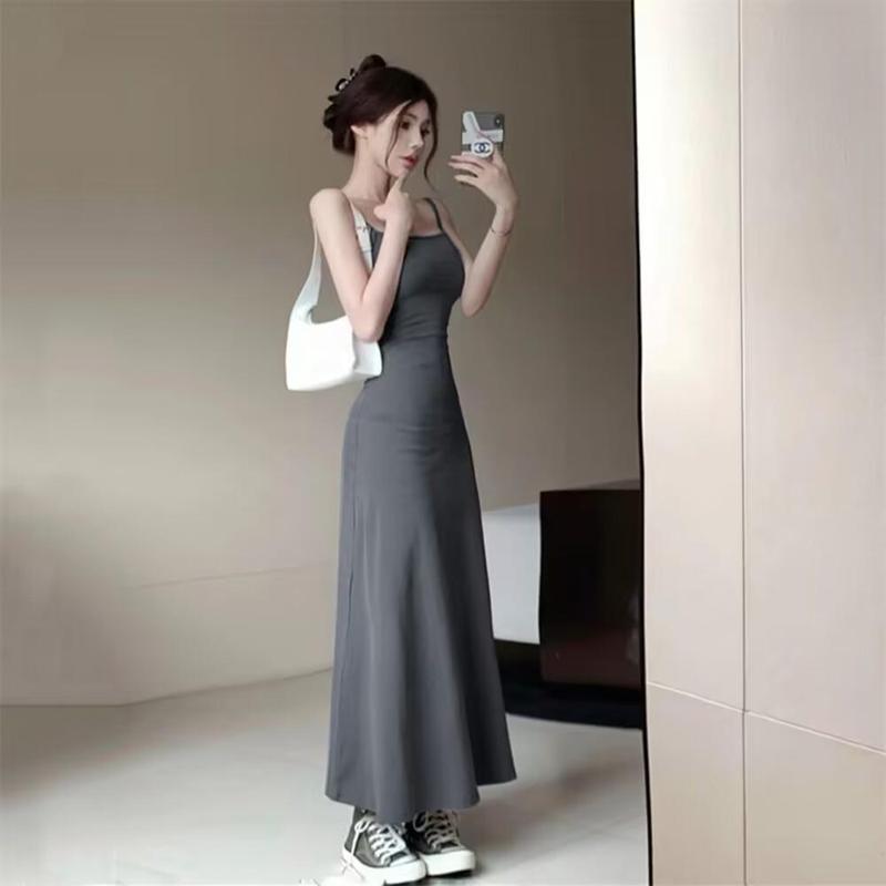 Product Introduction of Summer Dress Hot Girl Elastic Strap Dress Women Sleeveless Off-Shoulder Waist-Cinching One-Shoulder Base Long Dress 17