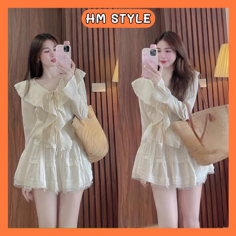 Sét áo váy tiểu thư nữ tính, set bộ đồ nữ bánh bèo phối ren áo buộc dây kèm chân váy xòe có quần trong HB156