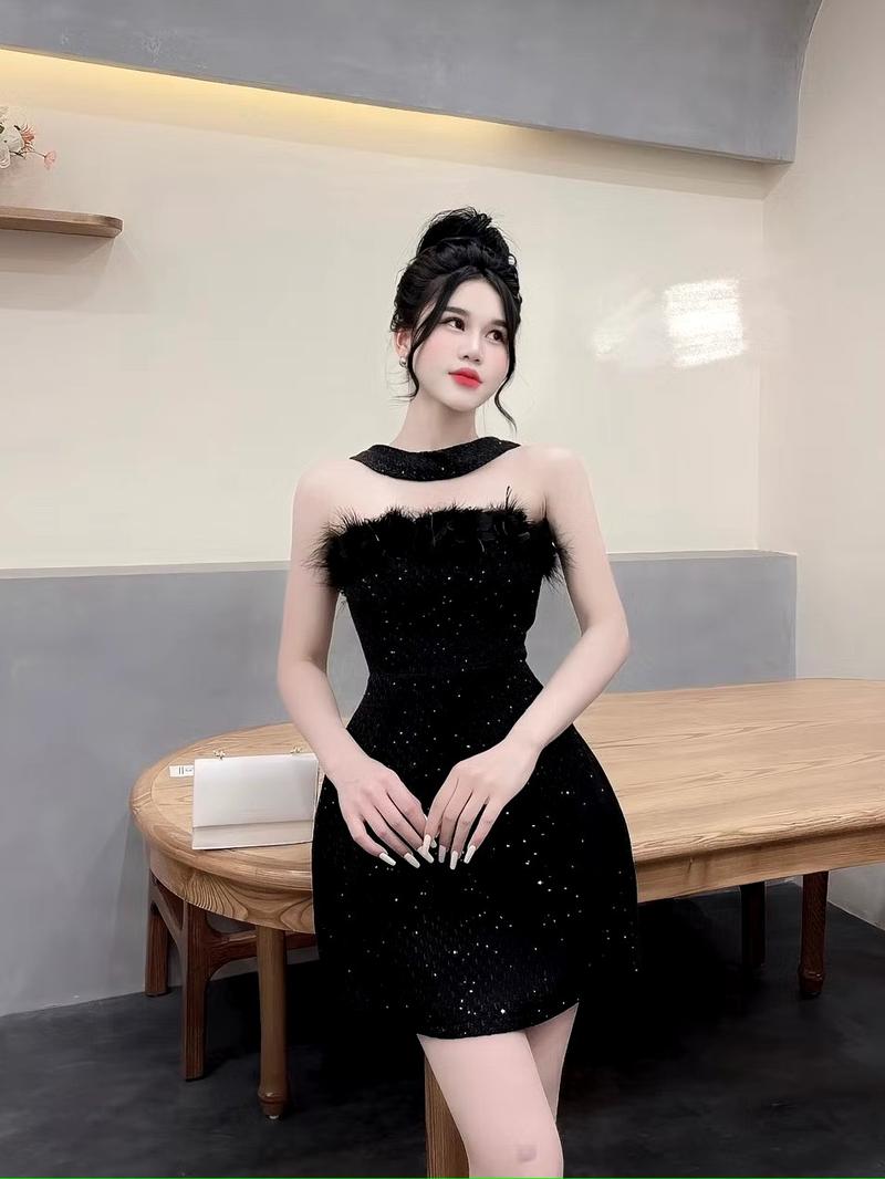 Product Introduction of Đầm đi tiệc chất dạ phối lông vũ siêu sang phom đẹp dưới 55kg kèm ảnh thật 3