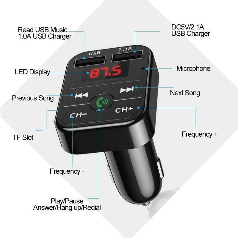 Product Introduction of Car FM Transmitter, Wireless Bluetooth-compatible Hands-free MP3 Audio Music Player, Dual USB Radio Modulator Car Kit, 2.1A Car Charger 4